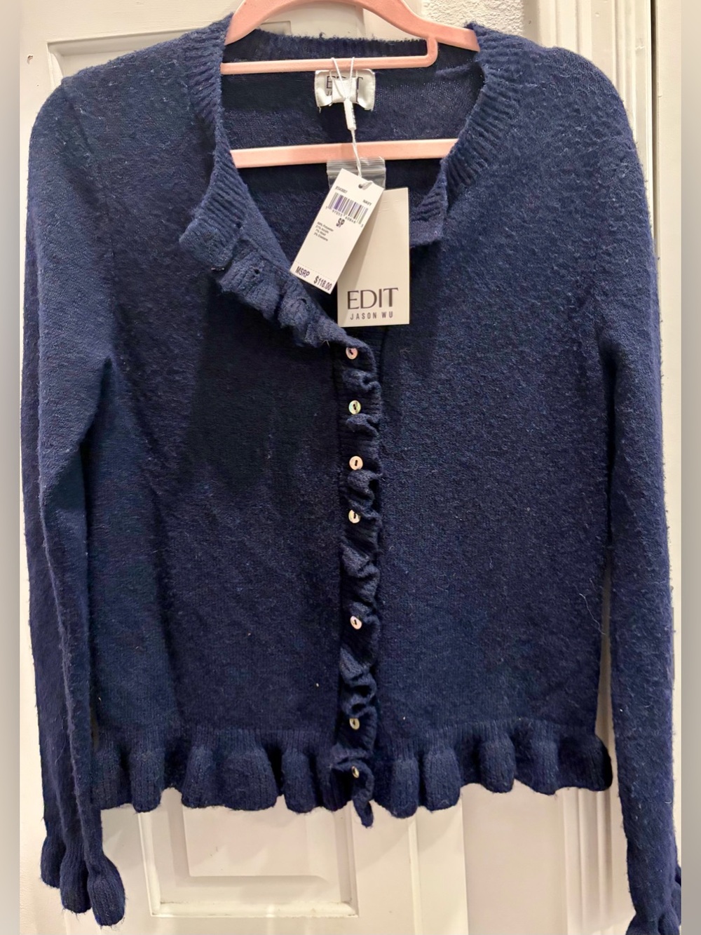 NWT JASON WU Navy Ruffle-Trim Cardigan